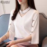 Naiste massiivne vabaaja l&otilde;hestatud 3/4 varrukatega O-kaelusega kattepluus M valge