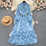 S&uuml;gisesed elegantsed kleidid naistele Pikk puhvvarrukas P&uuml;stkrae Rev&auml;&auml;r &Uuml;hekihiline &scaron;ifoon Lilleprindiga Vestidos Liibuv kleit Dropship One Size sinine