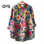 Naiste s&auml;rgi rev, 3/4 varrukatega n&ouml;&ouml;bid, kaelus S&auml;rgi topid, lilledega tr&uuml;kitud, vaba istuv vabaaja s&auml;rk &Otilde;huke pluus T&auml;navar&otilde;ivad L punane/sinine