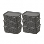 6 tk plastikust hoiukorvid koos kaane k&auml;epidemega, suure mahutavusega virnastatav hoiuruum hall