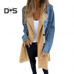 Naiste kevadine s&uuml;gismantel Teksajakk Mantel Patchwork Kaherealine klapitaskutega Colorblock keskmise pikkusega naiste mantel S must