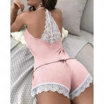 Naiste heegeldatud pitsist pidžaama varrukateta V-kaelusega vabaajar&otilde;ivaste komplekt, 2-osaline magamisriiete &uuml;likond Seksikas soliidne koduriided M