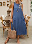 Naiste Suvine Vabaaja Varrukateta Puuvillase L&otilde;ngaga Maxi Pikkusega Kleit Tuunika Meeskonnakaelusega Tank &Uuml;hev&auml;rviline Rannakleit Taskutega L denim sinine v&auml;rv
