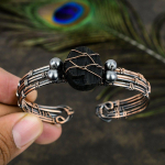 Black Tourmaline Handmade Copper Wire Wrap Cuff Bangle Adjustable w5i63