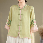 Naiste lilledega tikandiga vintage n&ouml;&ouml;pidega s&auml;rk p&uuml;stkraega, lahtine puuvillane linane pluus, suvine 3/4 varrukaga elegantne topp L roheline