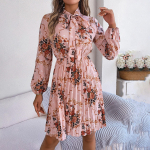 S&uuml;gistalvine naiste pikkade varrukatega lilleline plisseeritud k&otilde;rge v&ouml;&ouml;koht Line pikk kleit L