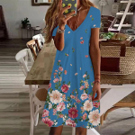 Suvemood naiste V-kaelusega l&uuml;hikeste varrukatega lillega tr&uuml;kitud kleit Seks-l&uuml;hikese seelikuga kleidid XS