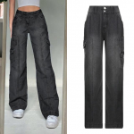 Naine Harajuku Taskud Patchwork Cargo Teksad Y2K Tumedad K&otilde;rge V&ouml;&ouml;kohaga T&auml;navar&otilde;ivad 90S Baggy Teksad Naiste P&uuml;ksid L must