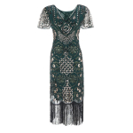1920. aastate Gatsby Flapper Kleit, Litrite ja Frillidega V-kaelusega &Otilde;htukleit Vintage Peo ja Kokteili&uuml;rituste jaoks XL roheline