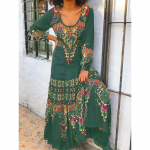 Uus naiste avar, &uuml;mara kaelusega kleit Vintage Print pikkade varrukatega vabaaja maksikleit Elegantne naiste rannakleit Boheemlaslik peokleit S roheline