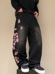 Gootilised kirsi&otilde;itega tikitud unisex retro sirge l&otilde;ikega teksap&uuml;ksid Extra Large must