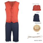 Luffy Cosplay Anime Movie Monkey D Luffy kost&uuml;&uuml;m Vormi &otilde;lgk&uuml;bar p&uuml;ksid Punased Top t&auml;iskomplekt Halloweeni karnevalipidu meestele, naistele L red