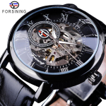 Forsining 3D Logo Disain &Otilde;&otilde;nes Graveering Must Kuld Korpus Nahk Skelett Mehaanilised Kellad Meeste Luksusbr&auml;nd Heren Horloge black