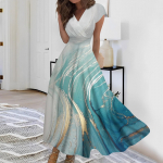 Naiste pikk kleit Maxi kleit vabaaja kleit Sifonki kleidid Swing kleit &uuml;hev&auml;rviline vabaaja t&auml;iskasvanud &otilde;ues igap&auml;evane kohting Voldis l&uuml;hikeste varrukatega V-kaelusega kleit S