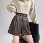 PU-nahast l&uuml;hikesed p&uuml;ksid naistele Uue moe k&otilde;rge v&ouml;&ouml;kohaga l&uuml;hikesed p&uuml;ksid lahtised laiad p&uuml;ksid Vintage Streetwear mustad l&uuml;hikesed p&uuml;ksid L pruun