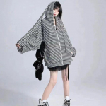 Y2k s&uuml;gis armsad lahtised triibud j&auml;nesek&otilde;rvad, kootud kapuutsid Naiste kapuutsiga lukuga kampsunid kampsun mantel Kpop kawaii riided One size must