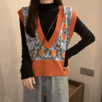 Naiste vest kootud kampsun kevad- ja s&uuml;gisese &uuml;ler&otilde;ivaste 2023 vabaaja v kaelusega retro lilleline temperament varrukateta vest naiste topp One Size sinine