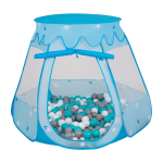 Selonise m&auml;ngutelk 105x90cm/100 palli lossimaja pop-up ballpit plastikpallid lastele, sinine:valge-hall-t&uuml;rkiissinine 105x90cm/100 balls