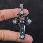 Titaanium Druzy Ripats Vikerkaare Kuukivi V&auml;&auml;riskivi Ripats 925 Sterling H&otilde;be Ripats Titaanium Druzy Ehted K&auml;sitsi valmistatud Risti Ripats Kingituseks
