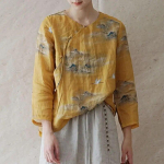 Johnature Leisure Retro Style Print Plate Pandla O-kaelusega pikkade varrukatega s&auml;rk S&uuml;gis mugavad naiste topid M kollane