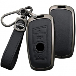 HIBEYO 4 Button Smart Key Fob Cover Compatible with BMW 1 3 4 5 6 7Series X3 X4 X5 X6 M5 M6 3GT 5GT Key Leather & Alloy Key Cover Accessories A Type Black