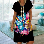 Suvine moodne V-kaelusega naiste kleit l&uuml;hikeste varrukatega valge grafiti liblikaga tr&uuml;kitud kleit, vaba vabaaja kleit naistele XS valge