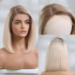 HAIRCUBE Pruunide salguga parukas Inimese juuksed Sirge Bob Pitsi esiosa parukad naistele 14 tolli Blond Remy Inimese juuksed K&uuml;lgmise lahkuga Pitsi lahkuga parukas