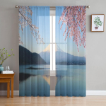 Fuji m&auml;gi kirsipuu&otilde;ite vaatega Kawaguchiko j&auml;rvelt Jaapanist L&auml;bipaistvad kardinad Toa Magamistoa Akna Voile T&uuml;llkardin 135W x 114H(cm) gray