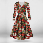 Naiste vabaaja ja moodne j&otilde;ulutr&uuml;kiga pikkade varrukatega V-kaelusega seksikas kleit S roosa