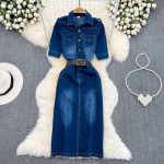 Naiste vintage kontorikleit, kitsas, vabaaja, moodne, pikk teksakleit XS sinine