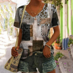 Vintage Patchwork Naiste T-s&auml;rk Ruuduline tr&uuml;kised Topid Naiste riided V-kaelusega Harajuku Pullover Suvine Suured l&uuml;hikeste varrukatega T-s&auml;rgid 3XL