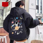 Meeste kapuutsiga sulejope l&uuml;hike talvine paks soe puuvillane jakk Meeste vabaaja &uuml;laosa Astronaut Print K&otilde;ik sobivad t&otilde;mblukuga mantlid Leivajope 3XL