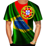 2024. aasta uus mood, Portugali ja Brasiilia lipuga 3d T-s&auml;rk meeste/naiste vabaaja &uuml;mara kaelusega l&uuml;hikeste varrukatega spordi T-s&auml;rk M