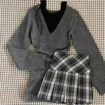 S&uuml;gis Talv Naiste 3-osaline Kost&uuml;&uuml;m V-kaelusega Prantsuse Vintage Kampsun Pikkade Varrukatega Pulloverid Pitsist Vest Y2k JK Seelik Streetwear R&otilde;ivaste Komplekt S must/hall v&auml;rv
