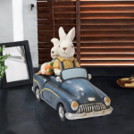Bunny in Car Figurine Easter Ornament Indoor Home Decor Farmhouse Style Kid Toy Resin