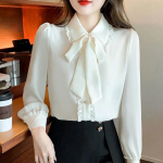 V&ouml;&ouml;rivarrukatega pikkade varrukatega s&auml;rk Naiste kevad- ja s&uuml;gisriided Korea versioon Niche Pluus Design Sense Loose Temperament Sifonki s&auml;rk XS valge