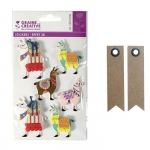 6 stickers 3D Lama 6 cm + 20 &eacute;tiquettes kraft Fanion
