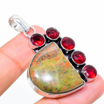 Unakite, Garnet Handmade 925 Sterling Silver Jewelry Pendant 2.01 u4j32