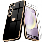 Coque Silicone pour Samsung Galaxy S25 Plus (Galaxy S25+), Motif C&oelig;ur Antichoc Souple Anti-Rayures Noir + 2 Verres Tremp&eacute;s