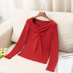 Euroopa s&uuml;gise uus stiil ruudukujuline kaelus plisseeritud Western Style &otilde;huke pikkade varrukatega T-s&auml;rk Naiste riided L