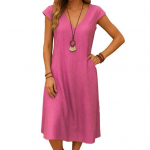 Naiste suvine puuvillase ja linase midi-kleit V-kaelusega l&uuml;hikeste varrukatega taskutega vabaaja rannakleit A-l&otilde;ikeline suvekleit S roosa punane v&auml;rv