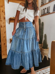 25. aastap&auml;eva boheemlaslik A-l&otilde;ikeline kihiline teksist midi-seelik Double Extra Large denim sinine v&auml;rv