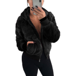 Naiste kapuutsiga pusad Naiste riided Streetwear Mood Kapuutsiga kunstkarusnahast pl&uuml;&uuml;sjakk &Uuml;hev&auml;rviline jakk M must