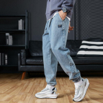 Suur Suurus Meeste Jooksup&uuml;ksid Streetwear Must Sinine Vabaaja Denim Cargo P&uuml;ksid Veniv Puuvill Kitsenevad Jeans Kotid P&uuml;ksid M sinine
