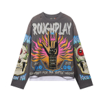 Meichao Rough Play Street Hip Hop Vintage Prindiga Rebitud V&otilde;lts Kaks Osalist Meeste ja Naiste Lahtine Pikkade Varrukatega T-s&auml;rk S hall v&auml;rv