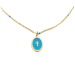 Les Tr&eacute;sors De Lily [R0189] - Collier cr&eacute;ateur acier 'Croix' turquoise dor&eacute; - 15x10 mm t&uuml;rkiissinine