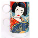 Les Tr&eacute;sors De Lily [R0912] - Set 2 mugs porcelaine empilables 'Geisha' turquoise rouge - 10x7. 5 cm roheline