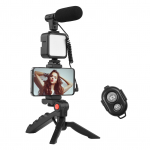 Andoeri telefoni videologi videokomplekt lauastatiivi telefonihoidjaga ja k&uuml;lmakingamikrofoni LED-videoga must