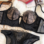Uus naiste Push Up rinnahoidjakomplekt Seksikas pitstikandiga aluspesu Deep V Cotton Thicken Cup Mugavad hingavad pesu alusp&uuml;kste komplektid L must