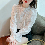 Elegantne helmestega pitss&auml;rk naiste prantsuse magus pikkade varrukatega vintage pluus Naine volangidega pitsist &scaron;ifoonpluusid top Blusas Mujer 23025 S valge